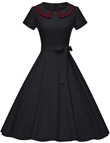 GownTown Women's 1950s Peter Pan Collar Dress with Pockets, Short Sleeve | Vintage Fit & Flare Stretchy Knee-Length Swing Style for Wedding Guest, Church, Work, Cocktail and Tea Party Events