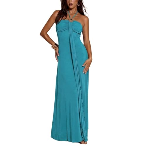 Women's Halter Neck Maxi Prom Dress Evening Gown Turquoise M