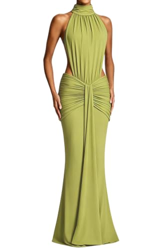 Nxtwill Women's Sexy Halter Sleeveless Cut Out Backless Bodycon Maxi Dress | Deep V-Neck,Ruched Gown, Formal Evening Party, Wedding Guest, Cocktail Night Events