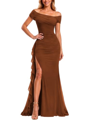 Miusol Women's Off Shoulder Mesh Ruched Formal Evening Party Maxi Dress