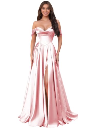 Kckrdj Off the Shoulder Bridesmaid Dresses Blush Pink Satin A-Line Long Corset High Slit Ruched Formal Evening Gowns for Wedding Size 12