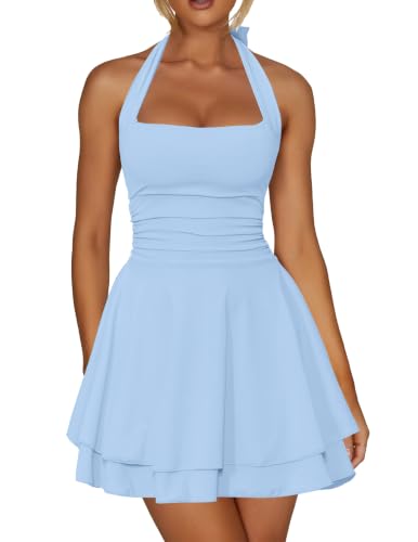 Kaximil Women's Sexy Halter Ruffle Hem Mini Dress, X-Large, Baby Blue | A Line Ruched Waist Corset Cute Short Party Dresses