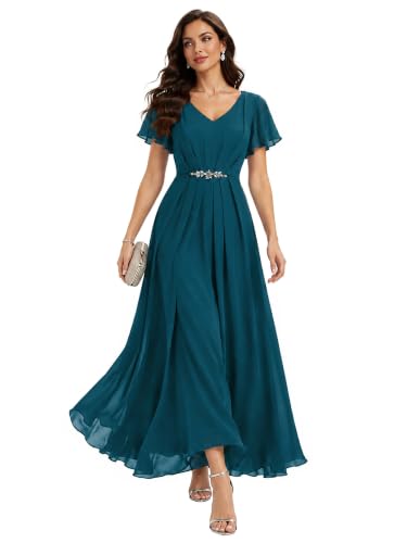 Ever-Pretty Women's Chiffon Maxi Formal Dress Mother of the Bride Dresses | V Neck, Ruffle Sleeves, A-line, Ruched, Semi Formal Dresses, Evening Gown, Teal Blue US12
