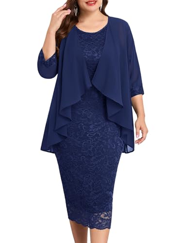 TIARALY Plus Size Mother of the Bride Groom 2 Piece Suit Lace Dress with Chiffon Jacket Elegant Set Formal Wedding Guest, Navy Blue, 0X