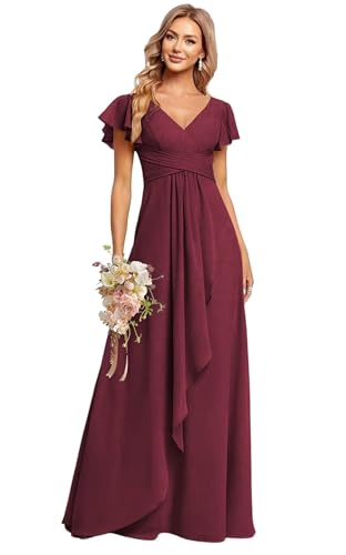 CuteMe V Neck Bridesmaid Dresses Long with Pockets Empire Waist Chiffon Mulberry Formal Dress Ruched Maxi Gown for Weddings 2