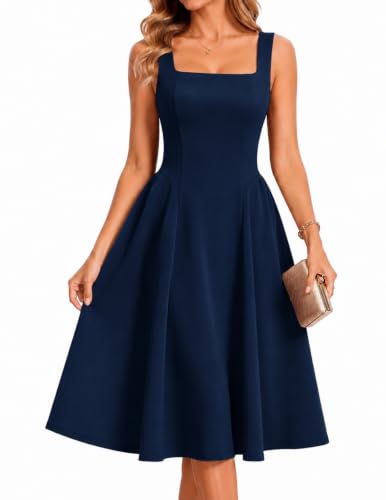 Bbonlinedress Womens Square Neck Prom Cocktail Party Dress A Line Formal Wedding Guest Elegant Midi Dress Navy M