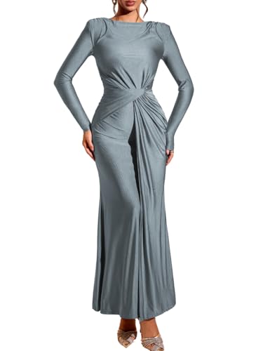 ChiaoLezhee Floor Length Bodycon Dress, Fall Long Sleeve, Semi Formal Cocktail, Evening Gowns for Women Classy Modest Holiday Wedding Guest Long Ball Gown Winter, Gray Grey, X-Large