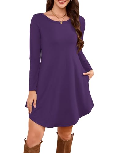 DEARCASE Women's Long Sleeve Knee Length T Shirt Dress,Purple, X-Large