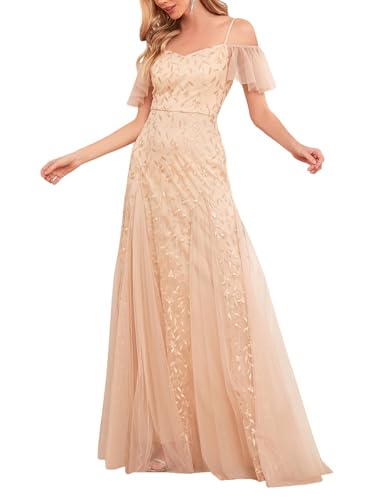 YHHOWEP Women’s Long Formal Evening Gowns Off Shoulder Sequin Tulle Dress Prom Gown Bridesmaid Wedding Guest Dresses Gold M