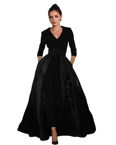 Mother of the Bride Dresses Pant Suits V Neck Formal Jumpsuits Outfit Sets for Wedding Groom Gowns with Detachable Skirt Black