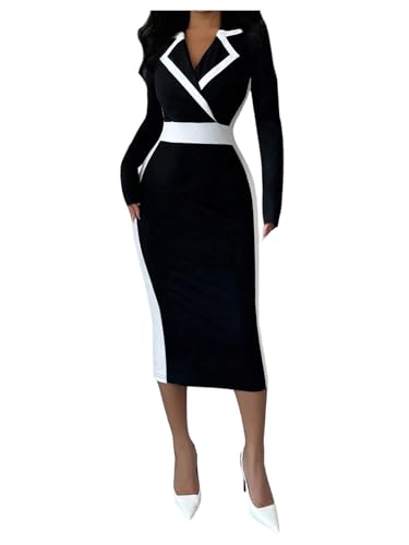 SOLY HUX Women's Color Block Bodycon Midi Dress Wrap Lapel Collar Long Sleeve Work Office Dresses Black and White Small