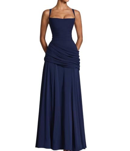 Navy Blue Dress for Women Spaghetti Strap Square Neck Maxi Formal Dress XS