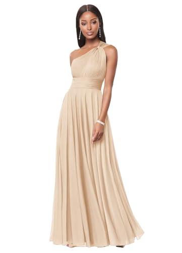 DDKoin Champagne One Shoulder Bridesmaid Dresses for Women A Line Pleated Chiffon Long Formal Wedding Guest Dress with Pockets Size 8
