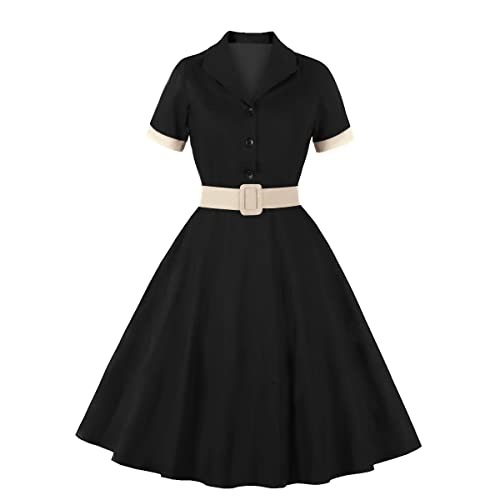 Women Notched Lapel Collar 50s 60s Vintage Short Sleeve V-Neck Cocktail Swing Dress Buttons Up Retro 1950s Audrey Hepburn Rockabilly Prom Dresses Wedding Guest Midi Evening Dress with Belt Black XL