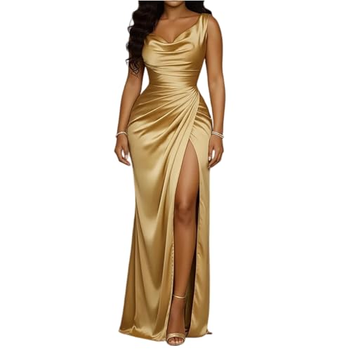 JGVAJVH Summer Dress V-Neck Satin Sleeveless Maxi Dress Front Ruched High Slit Dresses Solid Formal Evening Party Dresses(Gold,2X-Large)