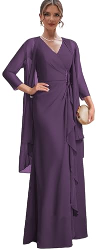 MEIDAOLELAI V Neck Mother of The Groom Dresses for Wedding Plum Formal Dress with Jacket Two Piece Evening Gown Size 10