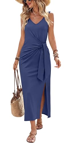 OFEEFAN Long Dresses for Women Elegant Classy Plus Size Summer Dress Cocktail Party Formal Dresses for Women Wedding Guest Long Dresses Work Tie Waist Dark Blue XL
