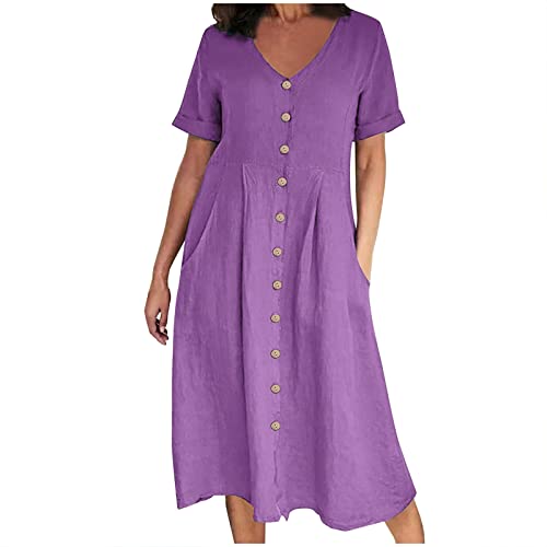 SMIDOW Women's Summer Casual V-Neck Button Down Shirt Dress Solid Short Sleeve Cotton Linen Sundress Plus Size Maxi Dress
