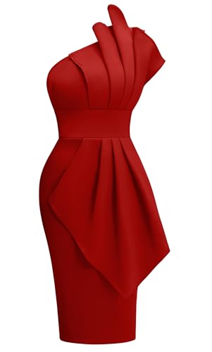 Memoriesea Women's One Shoulder Pleated Detail Party Midi Dress Red