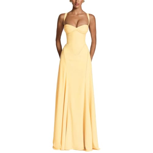 Loidumv Women's Elegant Sweetheart Neck Maxi Dress Spaghetti Strap Pleated A Line Formal Wedding Bridesmaid Party Dresses(Yellow,L)
