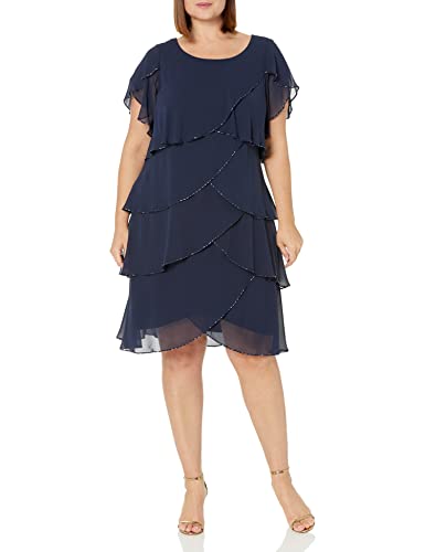 S.L. Fashions Women's Plus Size Capelet Tier Dress with Beaded Detail, New Navy, 22W