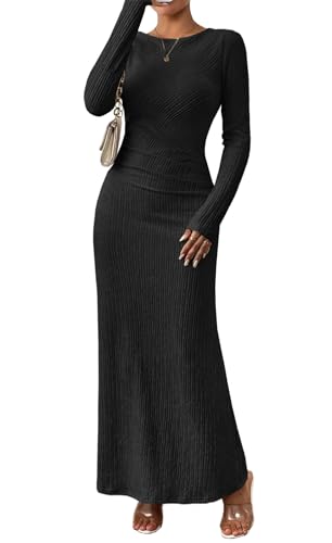 MITILLY Formal Long Sleeve Maxi Dress for Women Wedding Party, Black, M | Crew Neck, Long Sleeve Dress, Empire Waist, Bodycon Ruched, Boho, for Formal Wedding, Cocktail, Prom Evening Party Gown