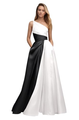 Women's Sleeveless Ball Gown Unique Floor Length Evening Dress with Pleated Detail Pockets White Black 16 DR0922