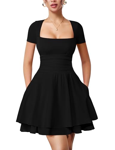 YMDUCH Women's Casual Square Neck Mini Sleeve Short Party Dress Black