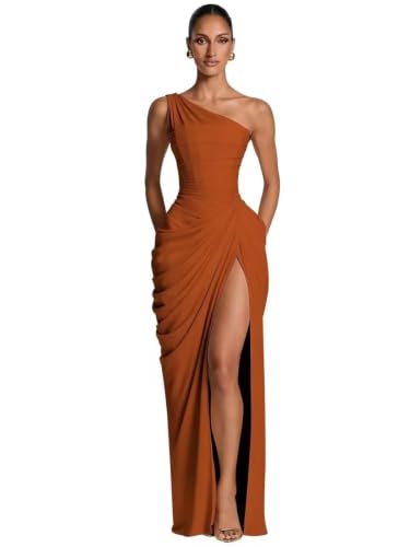 Burnt Orange Bridesmaid Dress Chiffon One Shoulder Mermaid Pleated Wedding Guest Dress for Women Split Formal Engagement Maxi Gowns Size 8 Burnt Orange