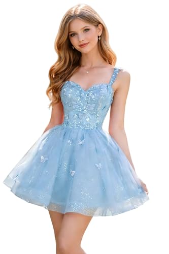 Dydsz Sparkly Sequin Baby Blue Homecoming Dresses Off Shoulder Short Prom Dress for Women A Line Tulle Cocktail Party Dress with Butterfly Size 2