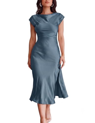 Gmeitoey Women's Satin Formal Cap Sleeves Midi Dress Cocktail Wedding Guest
