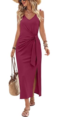 Summer Dresses for Women 2026 Casual Cocktail Wedding Guest Dresses for Women Flowy Bridesmaid Dresses Work Long Maxi Sundresses Cruise Outfits Burgundy 2XL