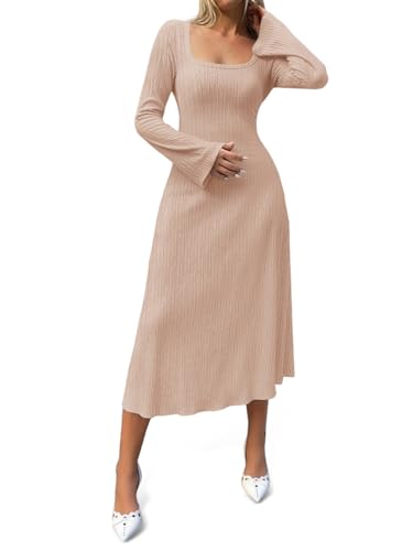 Cicy Bell Womens Square Neck Maxi Dress Long Sleeve A Line Textured Dresses Tie Waist Fall Wedding Guest Outfits Apricot