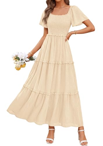 PRETTYGARDEN Womens Summer Dresses Boho Maxi Swiss Dot Dress,Beige,L