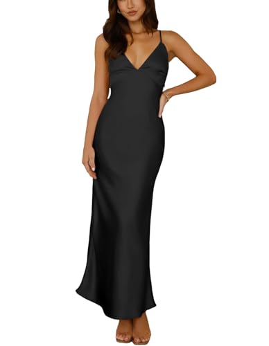 Satin Spaghetti Strap V Neck Backless Midi Dresses for Women Wedding Guest | Elegant,Slip,Tie Back,Formal,Cocktail,Vacation,Bridesmaid,Party,Holiday