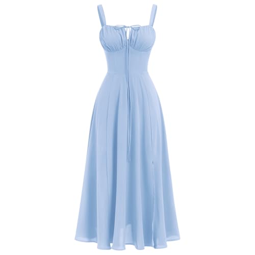 ABEHIK Corset Dress for Women 2026 Summer Floral Boho Flowy Slit Bustier Lace Up Midi Dresses Going Out A Line Casual Sundress Adjustable Spaghetti Straps Bodycon Light Blue XL