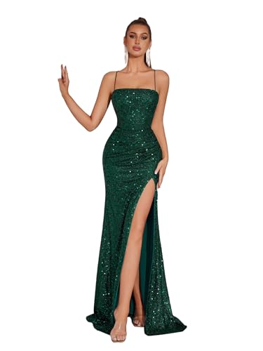 ADYCE Elegant Evening Dress Women Party Long Formal Dress Sequined Strap Ladies Gown Bodycon Floor Length Female Outfits (Green,Large)