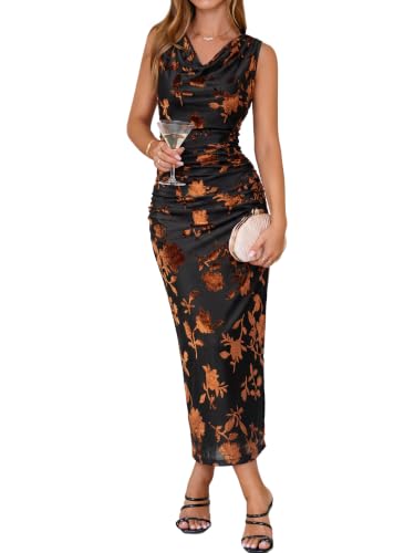 Simplee Womens Velvet Cowl Neck Fall Formal Wedding Guest Maxi Dress 2026 | Sleeveless Mesh Ruched Bodycon, Burnout Floral Velour, Back Slit, Elegant Semi Formal Cocktail Party Evening Winter Holiday