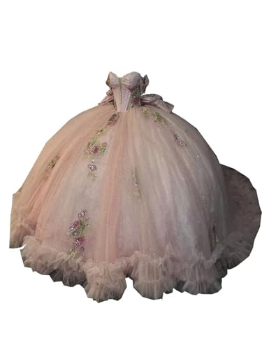 Pearls Flower Pattern V Neck Ball Gown Mexican Charro Quinceanera Sweet 15 Dresses Cinderella Corset Off the Shoulder with Sleeves Long Train Big Bow Ruffles Light Pink Princess 6