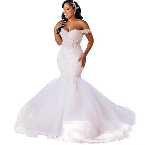 YiMinpwp Tulle Mermaid Wedding Dresses for Bride 2025 Off Shoulder Lace up Beading Bridal Gowns White