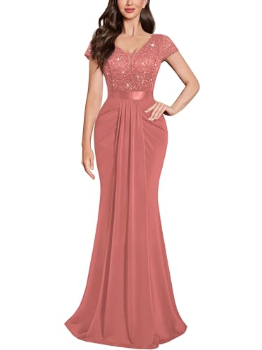 Miusol Women's Deep V-Neck Lace Sequin Pleated Evening Formal Maxi Dress