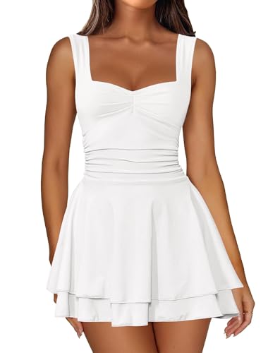 IWD Square Neck Sleeveless Mini Corset Dress Flowy Ruched Waist Tiered Ruffle Hem Short Birthday Party Dresses for Women White X-Small