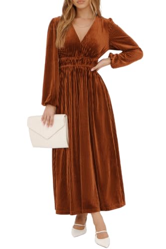 Sissyaki Women's Long Sleeve Velvet Dress 2026 Fall Winter Wedding Guest Cocktail Formal Maxi Dress B#Caramel Medium
