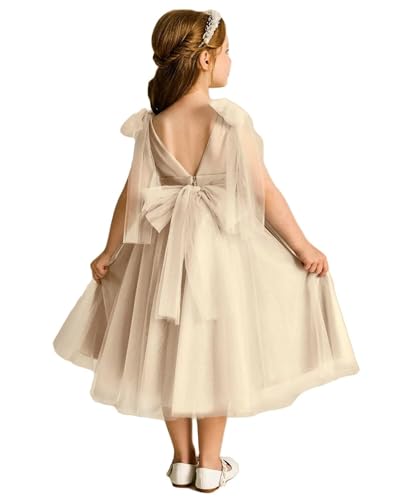 Formal Flower Girl Dress Short for Teens Champagne Tulle Junior Bridesmaid Dresses for Wedding with Bow Straps TJ45 14