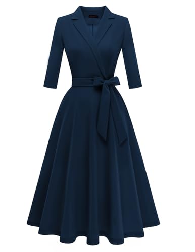 Meetjen Cocktail Dress for Women Vintage Formal Church Modest Wedding Guest 3/4 Sleeves Dresses 2026,Navy,M