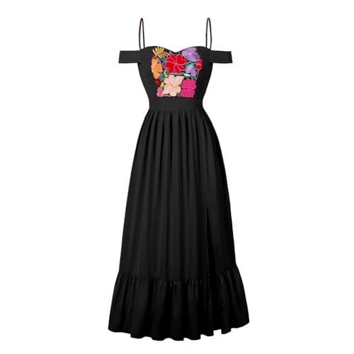 Mexican Dress for Women Off the Shoulder Floral Embroidered Ruffle Maxi Dress Summer Boho Fiesta Cinco de Mayo Black XL