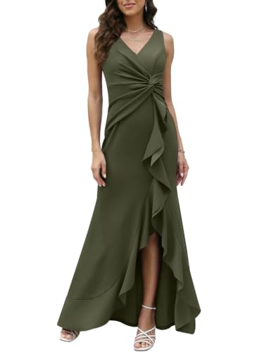 FQA Formal Evening Dresses for Women Elegant Evening Party Prom Dress Long Sexy V Neck Sleeveless Split Wrap Army Green