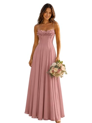 EDECPBM Long Chiffon Bridesmaid Dress Sweetheart Corset Ruffle A-Line Wedding Guest Dress Dusty Rose US04