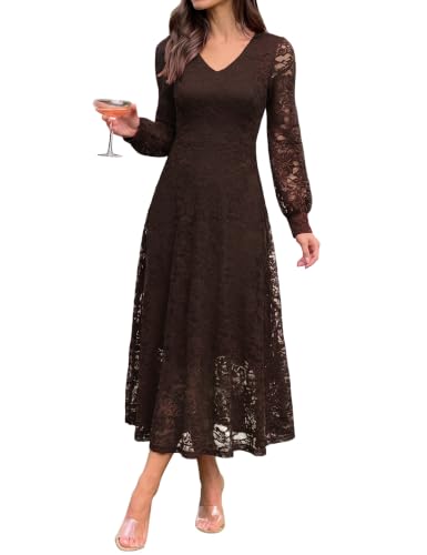 Nitzana Women's V-Neck Long Sleeve Lace Maxi Wedding Guest Dress Coffee