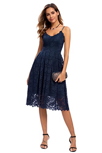 Atnlewhi Womens Spaghetti Strap V Neck Sleeveless Evening A Line Dresses Cocktail Formal Wedding Guest Lace Dress Navy Blue